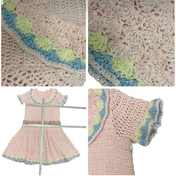 Vintage Handmade Crochet women Barbie style Dress With Scallop Trim Zigzag Belt - Picture 14 of 16